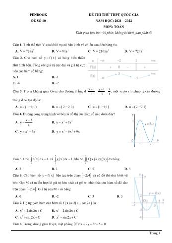 Đề thi thử THPT quốc gia năm học 2021-2022 môn Toán - Đề số 10 (Có đáp án)