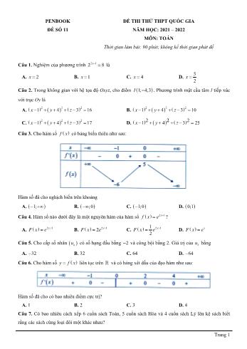 Đề thi thử THPT quốc gia năm học 2021-2022 môn Toán - Đề số 11 (Có đáp án)