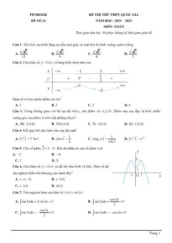 Đề thi thử THPT quốc gia năm học 2021-2022 môn Toán - Đề số 14 (Có đáp án)