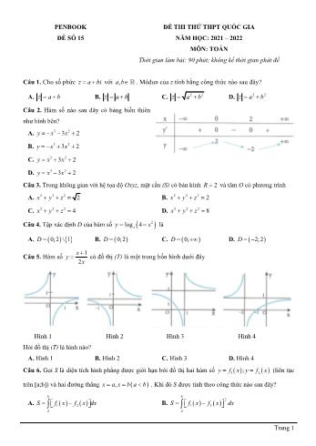 Đề thi thử THPT quốc gia năm học 2021-2022 môn Toán - Đề số 15 (Có đáp án)