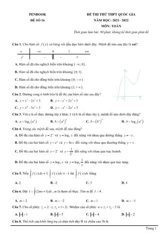 Đề thi thử THPT quốc gia năm học 2021-2022 môn Toán - Đề số 16 (Có đáp án)