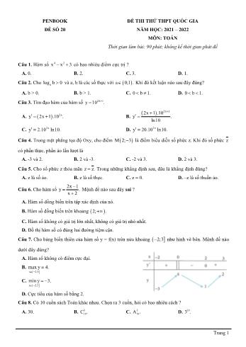 Đề thi thử THPT quốc gia năm học 2021-2022 môn Toán - Đề số 20 (Có đáp án)