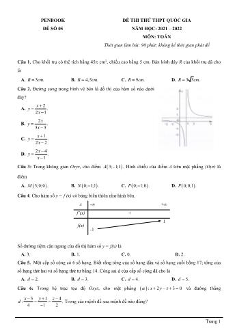 Đề thi thử THPT quốc gia năm học 2021-2022 môn Toán - Đề số 5 (Có đáp án)