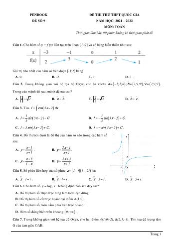 Đề thi thử THPT quốc gia năm học 2021-2022 môn Toán - Đề số 9 (Có đáp án)