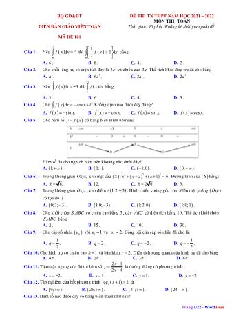 Đề thi tốt nghiệp THPT năm học 2021-2022 môn Toán (Có đáp án và lời giải chi tiết)
