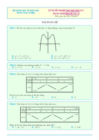 Đề thi tốt nghiệp THPT-QG 2020-CT1 môn Toán - Mã đề 101-1 (Có đáp án)