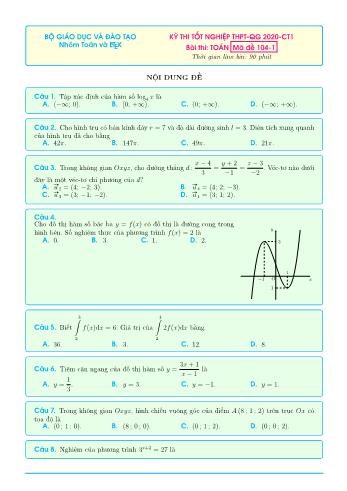 Đề thi tốt nghiệp THPT-QG 2020-CT1 môn Toán - Mã đề 104-1 (Có đáp án)