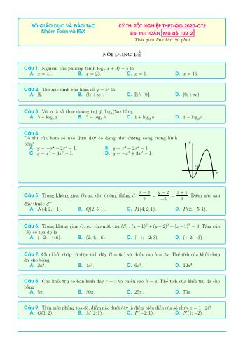 Đề thi tốt nghiệp THPT-QG 2020-CT2 môn Toán - Mã đề 102-2 (Có đáp án)