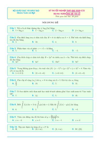 Đề thi tốt nghiệp THPT-QG 2020-CT2 môn Toán - Mã đề 103-2 (Có đáp án)