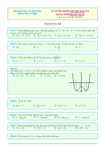 Đề thi tốt nghiệp THPT-QG 2020-CT2 môn Toán - Mã đề 104-2 (Có đáp án)