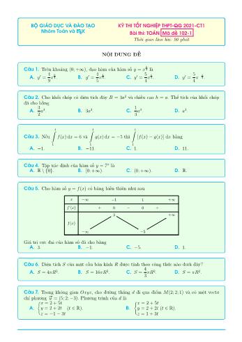 Đề thi tốt nghiệp THPT-QG 2021-CT1 môn Toán - Mã đề 102-1 (Có đáp án)
