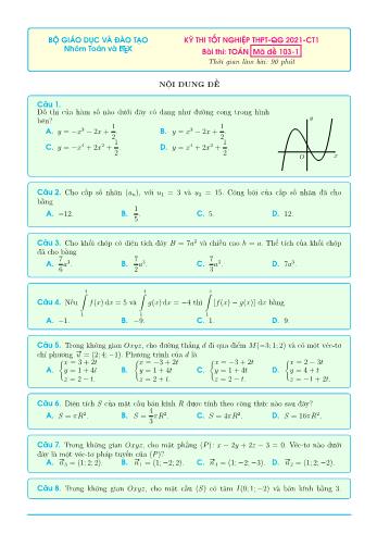 Đề thi tốt nghiệp THPT-QG 2021-CT1 môn Toán - Mã đề 103-1 (Có đáp án)