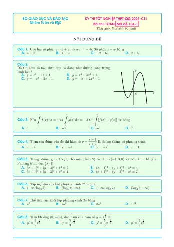 Đề thi tốt nghiệp THPT-QG 2021-CT1 môn Toán - Mã đề 104-1 (Có đáp án)