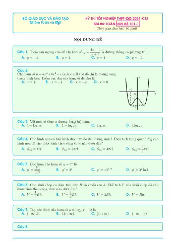 Đề thi tốt nghiệp THPT-QG 2021-CT2 môn Toán - Mã đề 101-1 (Có đáp án)