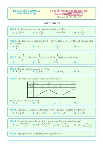 Đề thi tốt nghiệp THPT-QG 2021-CT2 môn Toán - Mã đề 102-1 (Có đáp án)