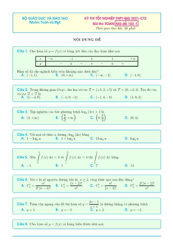 Đề thi tốt nghiệp THPT-QG 2021-CT2 môn Toán - Mã đề 103-1 (Có đáp án)