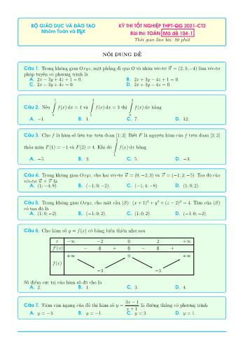 Đề thi tốt nghiệp THPT-QG 2021-CT2 môn Toán - Mã đề 104-1 (Có đáp án)