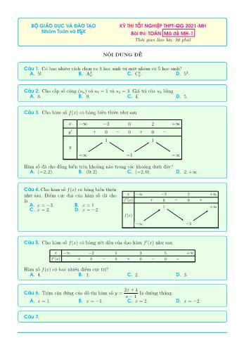 Đề thi tốt nghiệp THPT-QG 2021-MH môn Toán - Mã đề MH-1 (Có đáp án)