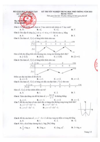 Đề thi tốt nghiệp Trung học phổ thông năm 2021 môn Toán (Đề thi tham khảo)