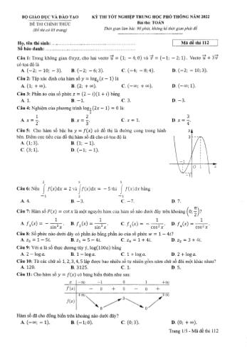 Đề thi tốt nghiệp Trung học phổ thông năm 2022 môn Toán - Mã đề thi 112+120 (Đề thi chính thức)