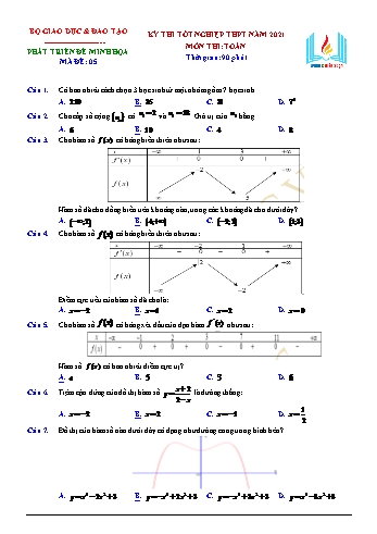 Phát triển đề minh họa kỳ thi tốt nghiệp THPT năm 2021 môn Toán - Mã đề 05 (Kèm đáp án)