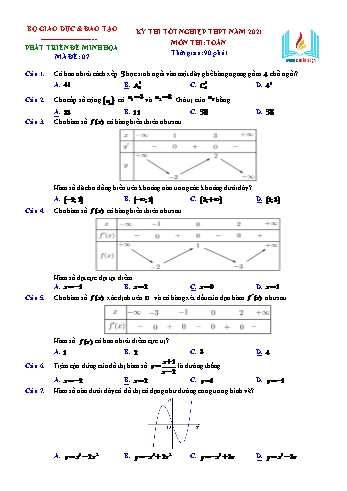 Phát triển đề minh họa kỳ thi tốt nghiệp THPT năm 2021 môn Toán - Mã đề 07 (Kèm đáp án)