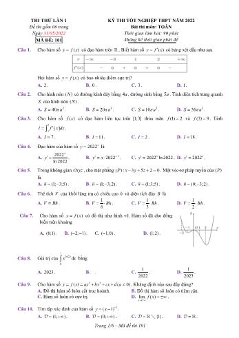 20 Đề thi thử Tốt nghiệp THPT môn Toán - Năm học 2021-2022 (Có lời giải)