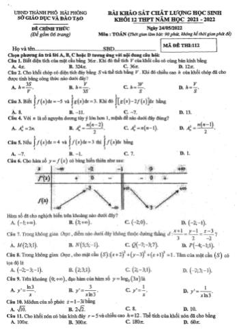 Bài khảo sát chất lượng Toán Lớp 12 - Mã đề 112 - Năm học 2021-2022 - Sở GD&ĐT Hải Phòng (Có lời giải)