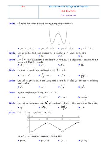 Bộ đề thi thử Tốt nghiệp THPT môn Toán - Năm học 2022-2023 (Có hướng dẫn giải chi tiết)