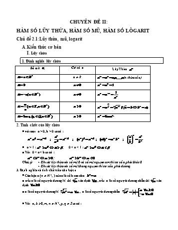 Chuyên đề Toán Lớp 12 - Chuyên đề 2: Hàm số lũy thừa, hàm số mũ, hàm số Lôgarit