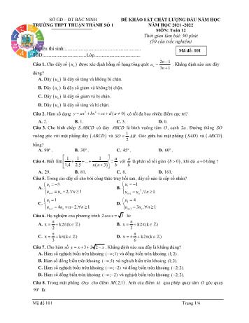 Đề khảo sát chất lượng đầu năm Toán Lớp 12 - Mã đề 101 - Năm học 2021-2022 - Trường THPT Thuận Thành số 1 (Có đáp án)