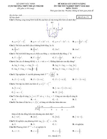 Đề khảo sát chất lượng ôn thi Tốt nghiệp THPT môn Toán - Mã đề 171 - Năm học 2022-2023 - Sở GD&ĐT Bắc Ninh (Có đáp án)