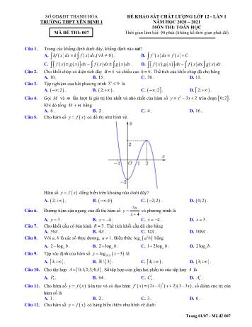 Đề khảo sát chất lượng Toán Lớp 12 (Lần 1) - Mã đề 007 - Năm học 2020-2021 - Trường THPT Yên Định 1 (Có hướng dẫn giải chi tiết)