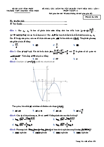 Đề khảo sát chất lượng Toán Lớp 12 (Lần 1) - Mã đề 570 - Năm học 2021-2022 - Trường THPT chuyên Vĩnh Phúc