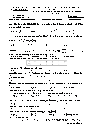 Đề khảo sát chất lượng Toán Lớp 12 (Lần 2) - Mã đề 101 - Năm học 2020-2021 - Trường THPT Quế Võ 1