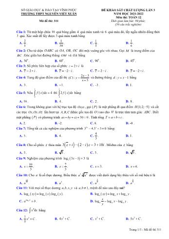 Đề khảo sát chất lượng Toán Lớp 12 (Lần 3) - Mã đề 311 - Năm học 2021-2022 - Trường THPT Nguyễn Viết Xuân (Có lời giải)