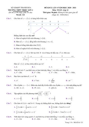 Đề khảo sát chất lượng Toán Lớp 12 (Lần 4) - Mã đề 125 - Năm học 2020-2021 - Trường THPT Triệu Sơn 4 (Có đáp án)