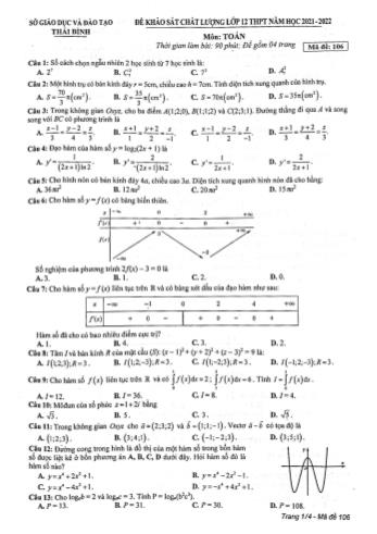 Đề khảo sát chất lượng Toán Lớp 12 - Mã đề 106 - Năm học 2021-2022 - Sở GD&ĐT Thái Bình (Có lời giải)