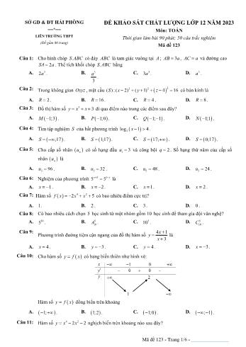 Đề khảo sát chất lượng Toán Lớp 12 - Mã đề 123 - Năm học 2023-2024 - Sở GD&ĐT Hải Phòng (Có đáp án)