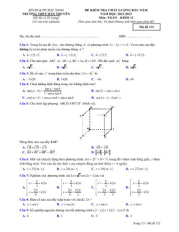 Đề kiểm tra chất lượng đầu năm Toán Lớp 12 - Mã đề 132 - Năm học 2022-2023 - Trường THPT Hàn Thuyên (Có đáp án)