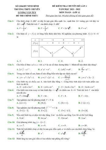 Đề kiểm tra Chuyên đề Toán Lớp 12 (Lần 1) - Năm học 2021-2022 - Trường THPT chuyên Lương Văn Can (Có hướng dẫn giải chi tiết)