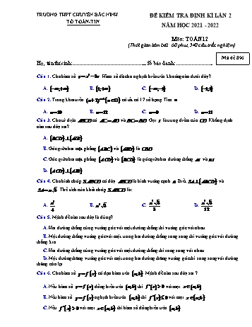 Đề kiểm tra định kì Toán Lớp 12 (Lần 2) - Mã đề 896 - Năm học 2021-2022 - Trường THPT chuyên Bắc Ninh (Có đáp án)