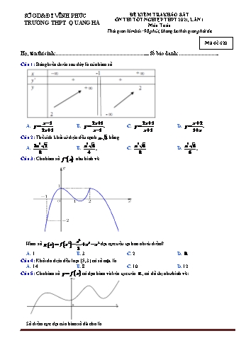 Đề kiểm tra khảo sát ôn thi Tốt nghiệp THPT môn Toán (Lần 1) - Mã đề 620 - Năm học 2021-2022 - Trường THPT Quang Hà (Có đáp án)