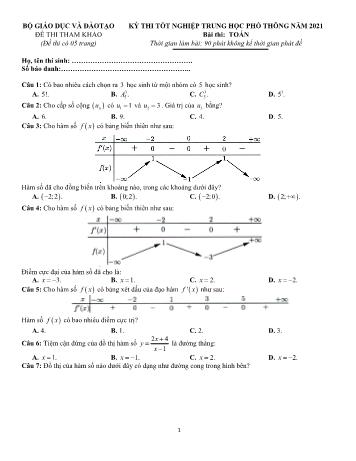 Đề tham khảo kỳ thi Tốt nghiệp THPT môn Toán - Năm học 2021-2022 (Có hướng dẫn giải chi tiết)