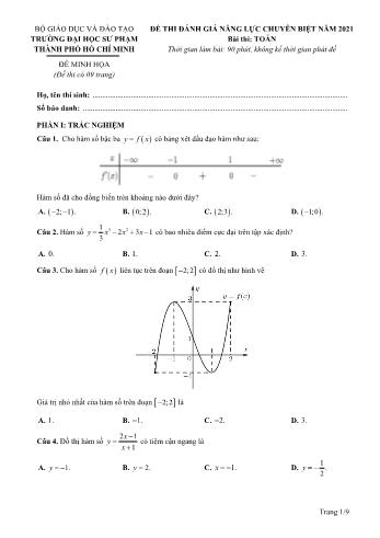 Đề thi đánh giá năng lực chuyên biệt Toán Lớp 12 - Năm học 2021-2022 - Trường Đại học Sư phạm Hồ Chí Minh