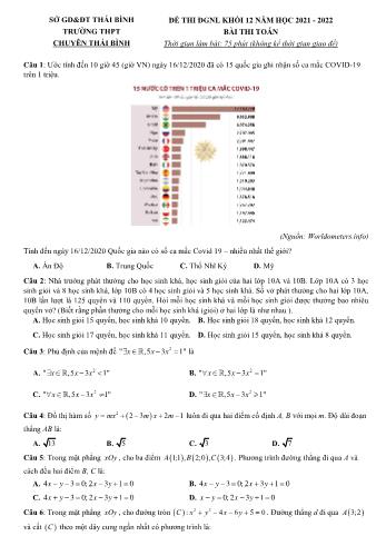 Đề thi đánh giá năng lực Toán Lớp 12 - Năm học 2021-2022 - Trường THPT chuyên Thái Bình (Có cách giải tham khảo)
