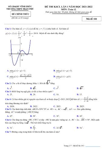 Đề thi khảo sát chất lượng Toán Lớp 12 (Lần 1) - Mã đề 101 - Năm học 2021-2022 - Trường THPT Trần Phú (Có đáp án)