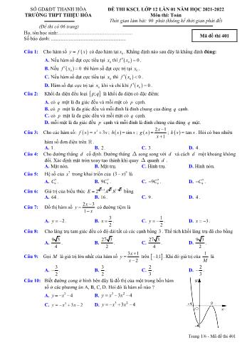 Đề thi khảo sát chất lượng Toán Lớp 12 (Lần 1) - Mã đề 401 - Năm học 2021-2022 - Trường THPT Thiệu Hóa (Có hướng dẫn giải chi tiết)