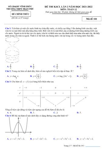 Đề thi khảo sát chất lượng Toán Lớp 12 (Lần 2) - Mã đề 101 - Năm học 2021-2022 - Trường THPT Trần Phú (Có đáp án)
