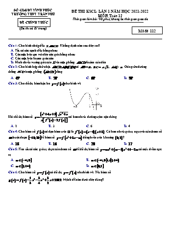 Đề thi khảo sát chất lượng Toán Lớp 12 - Mã đề 112 - Năm họ 2021-2022 - Trường THPT Trần Phú (Có đáp án)